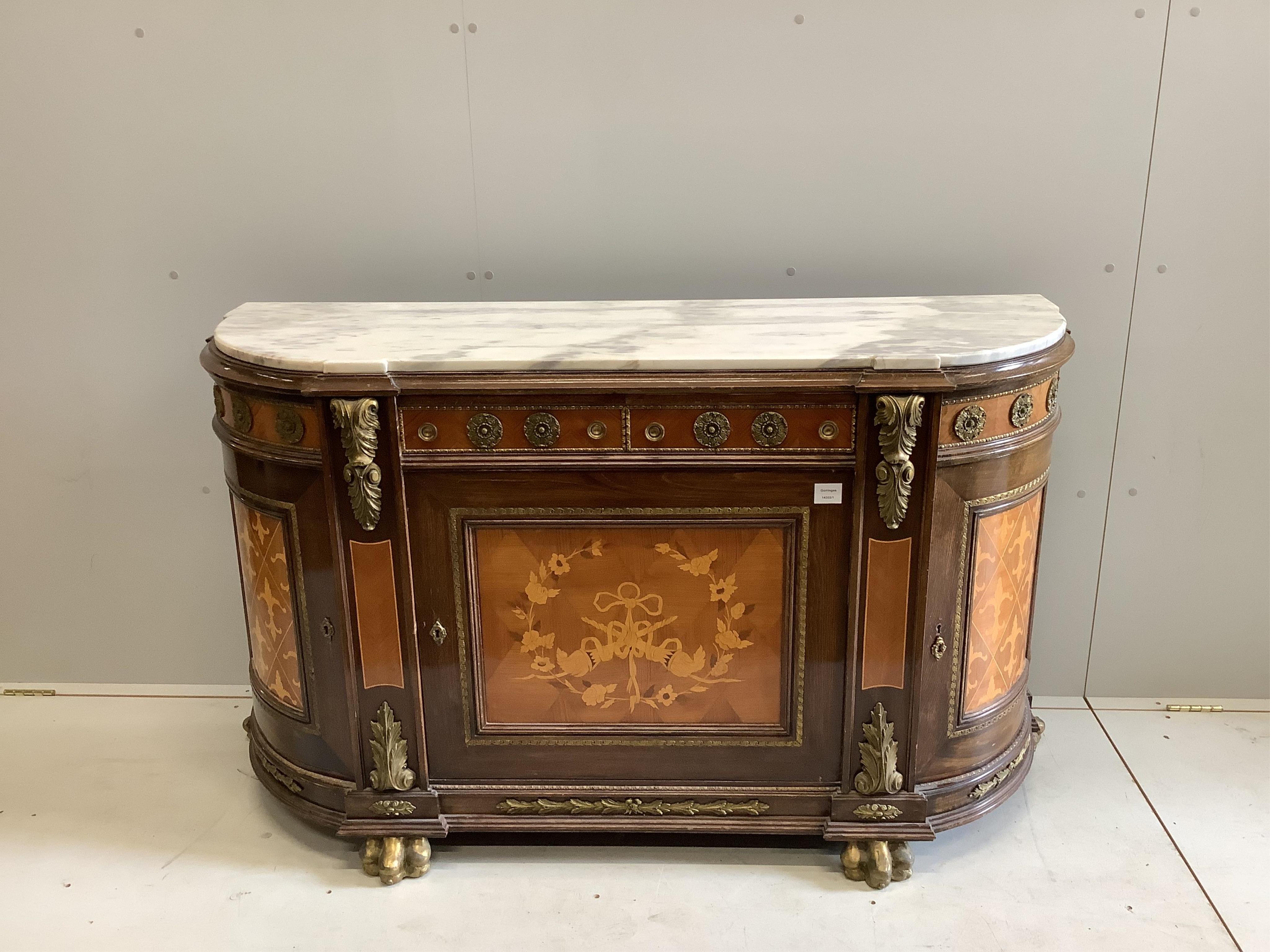 A Louis XV style inlaid marble topped side cabinet, width 144cm, depth 46cm, height 88cm. Condition - fair